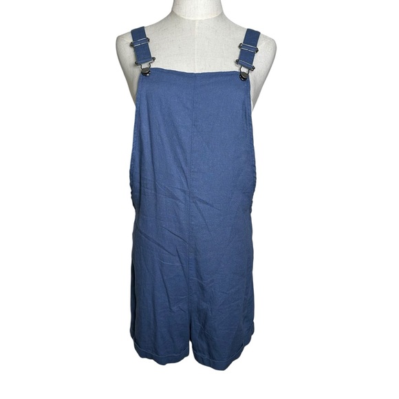 ROXY Womens Sz Small Adjustable Overalls Romper Blue Linen Pockets Beach Resort - Picture 2 of 13